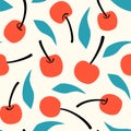 Cute abstract seamless vector pattern illustration with red cherries and blue leaves on white background Royalty Free Stock Photo