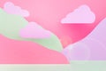 Cute abstract stage mockup with paper landscape - clouds, mountains pink, lilac, white color, sunlight, glow glare in modern vapor