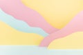 Cute abstract stage mockup with paper landscape with pastel colorful mountains pink, yellow, mint color in modern vapor wave style