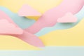 Cute abstract stage mockup - paper landscape with pastel pink clouds, mountains pink, yellow, mint color in modern vaporwave.