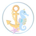 Cute abstract underwater composition. Ship anchor with chain and blue sea horse and starfish. Pastel color. Sea collection.