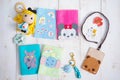 Cute accessories handmade. Recreation and hobby for crochet doll and DIY items made from felt fabric of cute cartoon characters