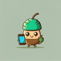 cute acorn cartoon character looking at the smartphone, cartoon style, modern simple illustration