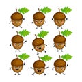 Cute acorn characters set with different emitions vector illustration. Funny nuts. Royalty Free Stock Photo