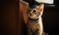 Cute and adorable adventurous kitten dressed. A small kitten wearing a police hat