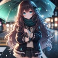 A cute and adorable anime girl standing in a roadside holding an umbrella, a rainning night, lights, anime style, wallpaper