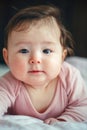 Cute adorable Asian mixed race smiling baby girl four months old lying on tummy on bed Royalty Free Stock Photo