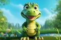 a cute adorable baby alligator character stands in nature in the style of children-friendly cartoon animation fantasy 3D style