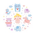 Cute Adorable Baby Animals in Circular Shape, Girl Angel, Unicorn, Bear, Elephant, Bird, Bear in Pastel Colors Cartoon Royalty Free Stock Photo