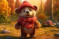 a cute adorable baby bear with coat and cap, in nature rendered in the style of children-friendly cartoon animation fantasy style Royalty Free Stock Photo