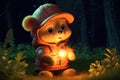 a cute adorable baby bear with coat and cap, by night with light in nature rendered in the style of children-friendly cartoon Royalty Free Stock Photo