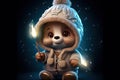 a cute adorable baby bear with coat and cap, by night with light in nature rendered in the style of children-friendly cartoon Royalty Free Stock Photo