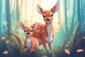 cute adorable baby deer with mother deer in nature rendered in the style of fantasy cartoon animation style intended for children