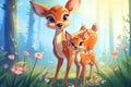 cute adorable baby deer with mother deer in nature rendered in the style of fantasy cartoon animation style intended for children