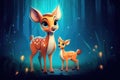 cute adorable baby deer with mother deer by night in forest rendered in the style of fantasy cartoon animation style intended for