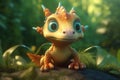 a cute adorable baby dragon lizard 3D Illustation stands in nature in the style of children-friendly cartoon animation fantasy Royalty Free Stock Photo