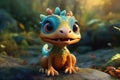 a cute adorable baby dragon lizard 3D Illustation stands in nature in the style of children-friendly cartoon animation fantasy Royalty Free Stock Photo