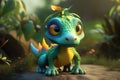 a cute adorable baby dragon lizard 3D Illustation stands in nature in the style of children-friendly cartoon animation fantasy Royalty Free Stock Photo