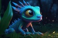 a cute adorable baby dragon lizard at night by rain 3D Illustation stands in nature in the style of children-friendly cartoon Royalty Free Stock Photo
