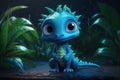 a cute adorable baby dragon lizard at night by rain 3D Illustation stands in nature in the style of children-friendly cartoon Royalty Free Stock Photo