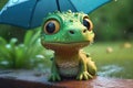 a cute adorable baby dragon lizard on rain 3D Illustation stands in nature in the style of children-friendly cartoon animation Royalty Free Stock Photo