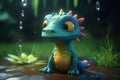 a cute adorable baby dragon lizard on rain 3D Illustation stands in nature in the style of children-friendly cartoon animation Royalty Free Stock Photo