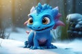 a cute adorable baby dragon lizard on snow 3D Illustation stands in nature in the style of children-friendly cartoon animation Royalty Free Stock Photo