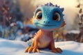 a cute adorable baby dragon lizard on snow 3D Illustation stands in nature in the style of children-friendly cartoon animation Royalty Free Stock Photo