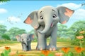 cute adorable baby elephant with mother elephant in nature rendered in the style of fantasy cartoon animation style intended for