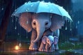 cute adorable baby elephant with mother elephant in rain by night with light in nature rendered in the style of fantasy cartoon