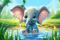 cute adorable baby elephant showering himself with a trunks made in cartoon for kids, fantastic style created by AI