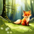 Red fox sits on the grass and looks at the sun.Realistic 3D render of a cheerful and adorable fox with a mischievous grin