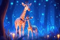 cute adorable baby giraffe with mother giraffe by night with blue light in nature rendered in the style of fantasy cartoon