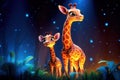 cute adorable baby giraffe with mother ziraffe by night with blue light in nature rendered in the style of fantasy cartoong