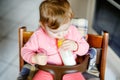 Cute adorable baby girl holding nursing bottle and drinking formula milk. First food for babies. New born child, sitting Royalty Free Stock Photo