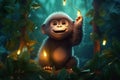 created by AI a cute adorable baby gorilla stands on a tree by night with light in the style of children-friendly cartoon