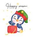 Cute adorable baby joyful penguin in Christmas wreath cartoon character watercolor hand drawing