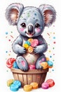 A cute and adorable baby koala with a basket of candies, happy face, animal creatures, white background, cute pose, stickers