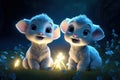 a cute adorable baby lamb with coat and cap, by night vith light in nature rendered in the style of children-friendly cartoon