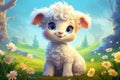 a cute adorable baby lamb in nature rendered in the style of children-friendly cartoon animation fantasy style created by AI