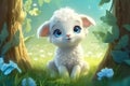 a cute adorable baby lamb in nature rendered in the style of children-friendly cartoon animation fantasy style created by AI