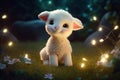 a cute adorable baby lamb by night with light in nature rendered in the style of children-friendly cartoon animation fantasy