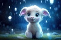 a cute adorable baby lamb in rain by night vith light in nature rendered in the style of children-friendly cartoon animation