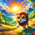 A cute and adorable baby lion, posing in dynamic style, with beautiful hill and flower, sunrise, mountain, lake, cartoon Royalty Free Stock Photo