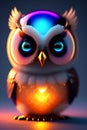 cute adorable baby owl made of crystal ball with low poly eye's surrounded by glowing aura