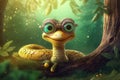 a cute adorable baby snake with glasses in nature rendered in the style of children-friendly cartoon animation fantasy style Royalty Free Stock Photo