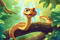 a cute adorable baby snake in nature rendered in the style of children-friendly cartoon animation fantasy style created by AI Royalty Free Stock Photo