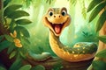 a cute adorable baby snake in nature rendered in the style of children-friendly cartoon animation fantasy style created by AI Royalty Free Stock Photo