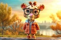 a cute adorable baby giraffe with coat, cap and glasses in nature rendered in the style of children-friendly cartoon animation