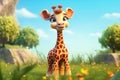 a cute adorable baby giraffe stands in nature in the style of children-friendly cartoon animation fantasy 3D style Illustration